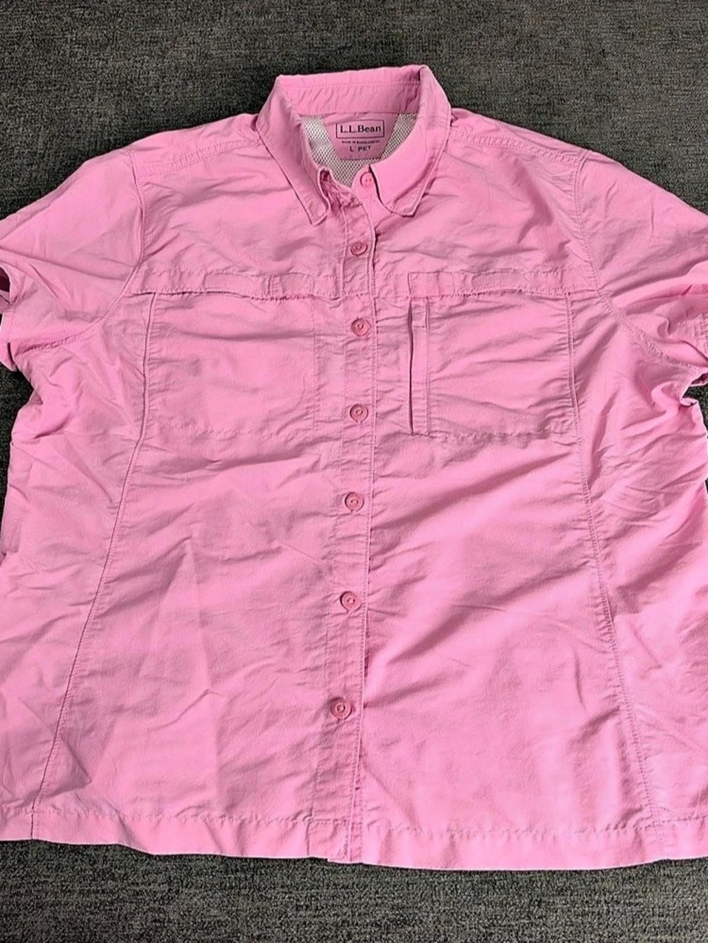 L.L.Bean Womens Pink Solid Collared Button Front Short Sleeve Shirt L Petite